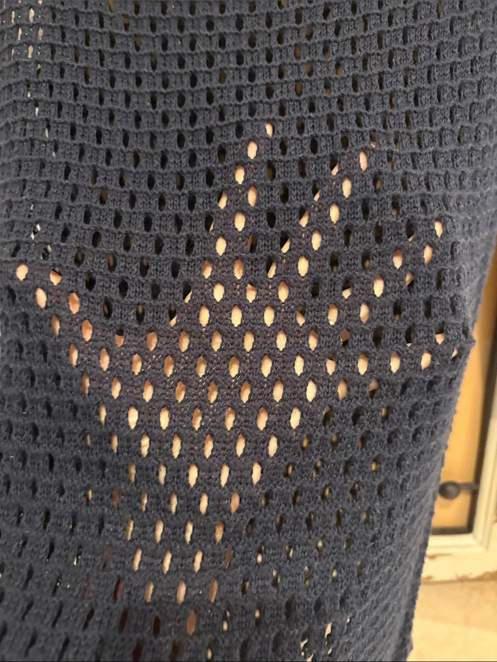 Cache Navy and White Open-Knit Crewneck Sweater
